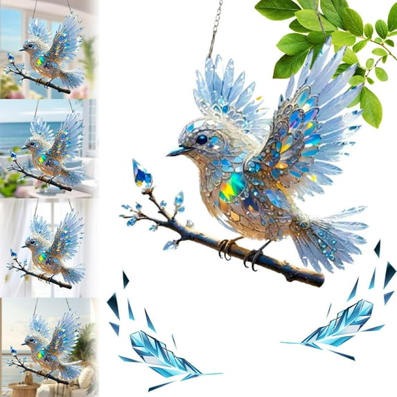 Crystal Sky Bluebird Stained Art Ornament (8 Inches), Radiant Bird Design, Durablity Acrylic Construction Stained Glass Decorations, Gifts for Nature Lovers, Windows Indoor Gardens (1 Pc)