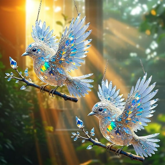 Crystal Sky Bluebird Stained Art Ornament (8 Inches), Radiant Bird Design, Stained Glass Decorations, for Windows Hanging, Bird Lover Gifts, Easy to Hang(2pcs)