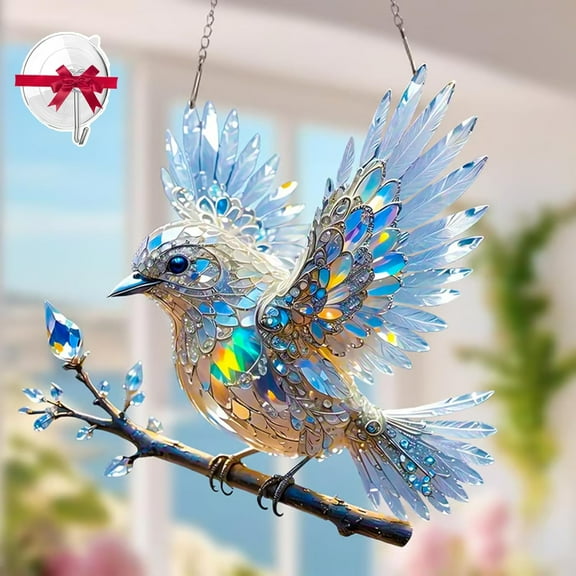 Crystal Sky Bluebird Stained Art Ornament (8 Inches), Terrain-Hill Crystal Sky Bluebird, 2D Flat Acrylic Blue Bird Decor Crystal Suncatcher, Acrylic Stained Birds Sun Catcher Window Hanging