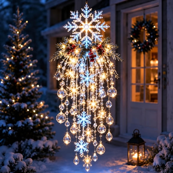 Crystal Snowflake Christmas Hanging Light, Cascading LED Holiday Decor for Entryway Porch Patio and Indoor Display