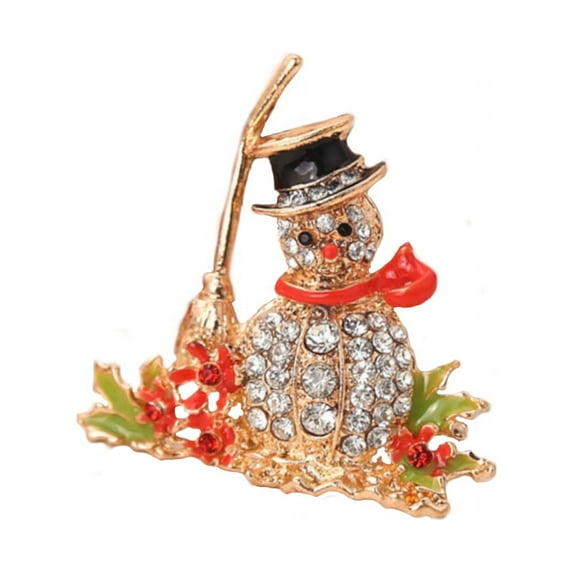 Crystal Snowman Brooch With Broom and Hollies Frosty The Snowman Jewelry-CMAX-0