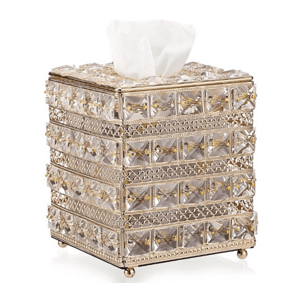 Crystal Square Tissue Box Cover - Sparkling Cube Glass Tissue Box Holder, D rative Facial Tissue Holder for Bedroom Bathroom Dresser Night Stand Table Office Home D r, Gold