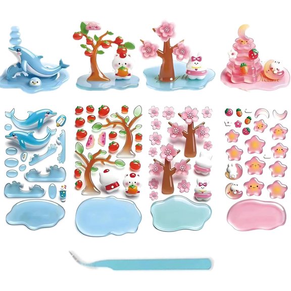 Crystal Stacked 3D Building Stickers, 3D Stackable Stickers, 3DPuffy Cartoon Resin Decorative Sticker Kit, DIY 3DPuffy Sticker Kit for Stress Relief Pass the Time