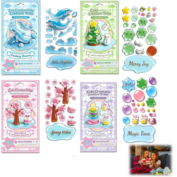 Crystal Stacked 3D Building Stickers DIY Cute Mini Scenes for Stress Relief Pass The Time, 3D Puffy Cartoon Resin Decorative Stickers Kit for Adults Desktop Ornaments (A Set (4pcs))