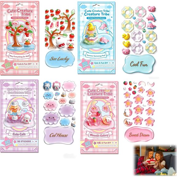 Crystal Stacked 3D Building Stickers DIY Cute Mini Scenes for Stress Relief Pass The Time, 3D Puffy Cartoon Resin Decorative Stickers Kit for Adults Desktop Ornaments (B Set (4pcs))
