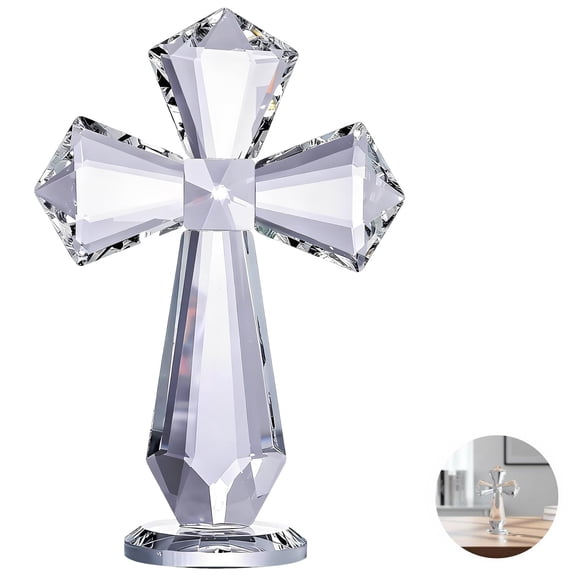 Crystal Standing Holy Cross Figurine, 5.9 x 3.93 in / 15 x 10 cm Handmade Glass Statue, Clear Religious Christian Easter Gift, Sacred Baptism & Confirmation Decor for Church, Home, Office