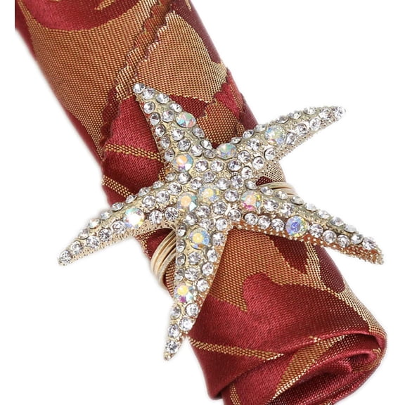 Crystal Starfish Napkin Rings - Rhinestone Coastal Nautical Napkin Ring Holders for Wedding Party, Beach/OceanTheme Dining Table Decoration Accessories (6)