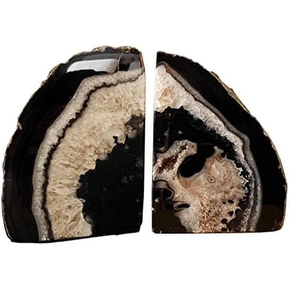 Crystal Stone Bookends Decorative Agate Book Ends Holder Geode Bookend Heavy Duty Natural Black Color (1 Pair, 4-6 LBS)
