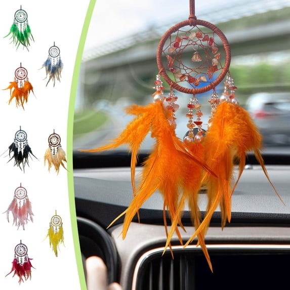 Crystal Stone Dreamcatcher Car Hanging Pendant with Feathers, Rearview Mirror Charm for Car Interior Decor and Wall Hanging