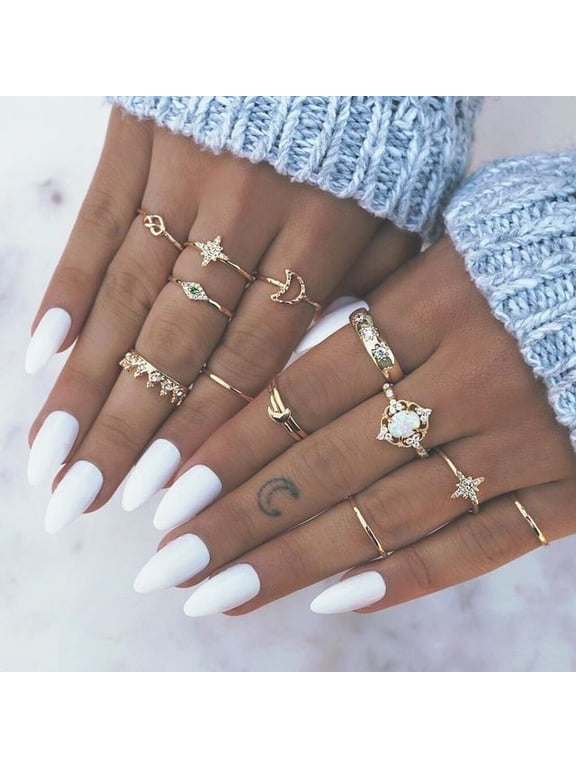 Crystal Stone Geometric Inlaid Gold 12 Piece Midi Rings Set