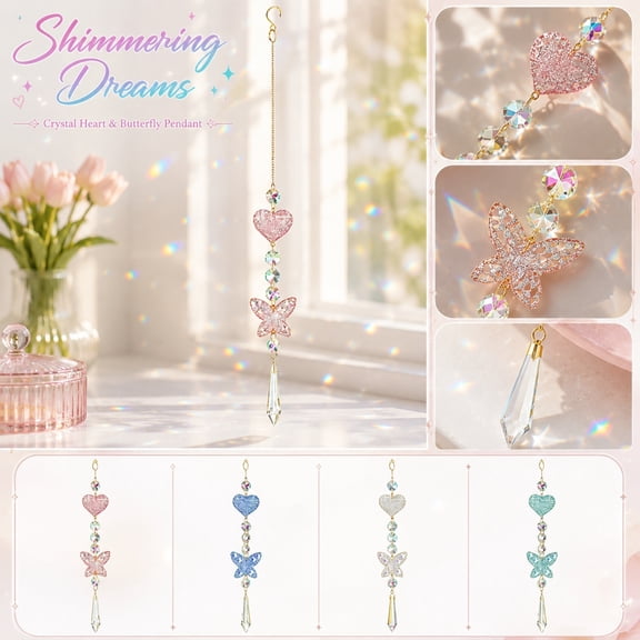 Crystal Sun Catcher 16 Inch Crystal Suncatcher Prism Hanging Pink Crystal Butterfly Car Hanging Ornament for Home Bedroom Window Garden Valentine Day Decor 1 Pack