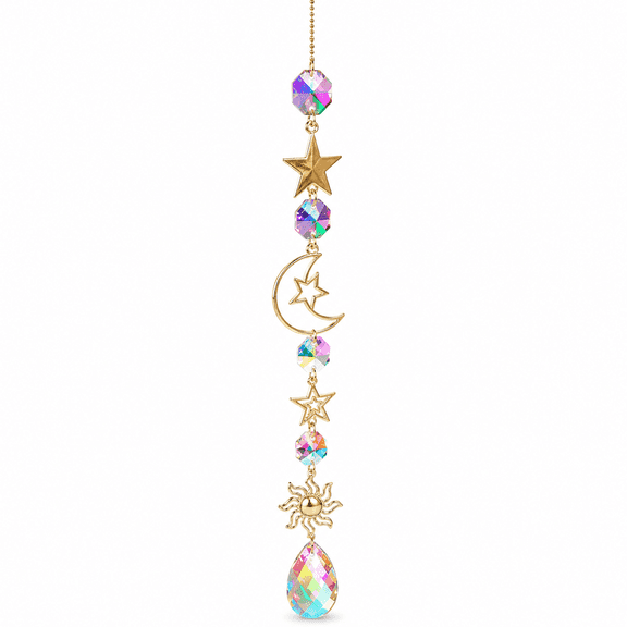Crystal Sun Catcher Wind Chime Hanging Ornament, Silver Galaxy Theme Prism Suncatcher with Sun Moon Star Design, Light Reflecting Hanging Decor for Window, Balcony, Car and Home Space