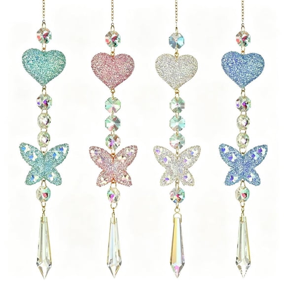 Crystal Sun Catcher Wind Chime Heart Butterfly Window Hanging Ornament Light Refracting Prism Decor for Home Garden Patio