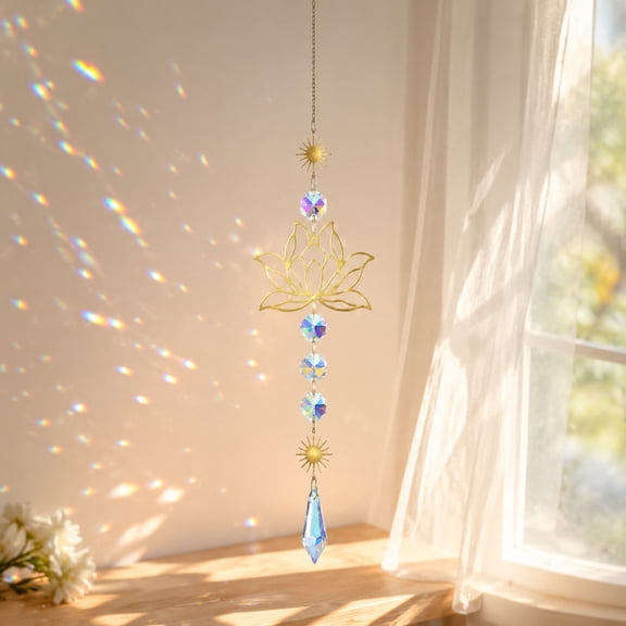 Crystal Suncatcher Amethyst Lotus, Usupdd Gold Metal Hanging Wind Chime for Window, 15.74 Inch Garden Party Wedding Decor Gift