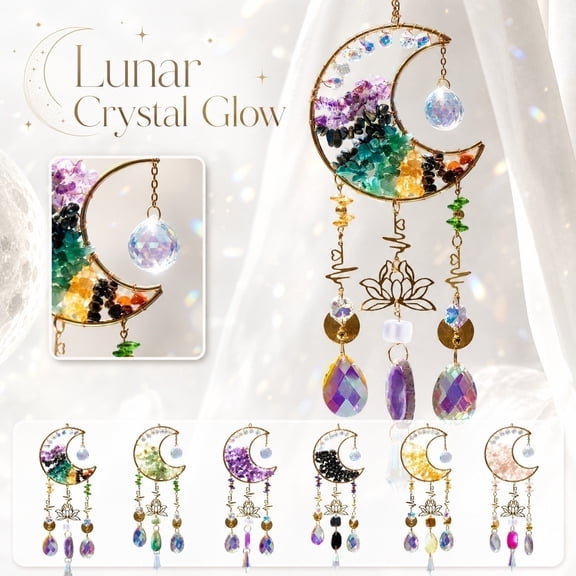 Crystal Suncatcher Prism Hanging, Crescent Moon Decor, Lotus Flower Decor, Hanging Crystals, 14X4 Inch Handmade Hanging Ornament for Light Refraction, Home and Space Display