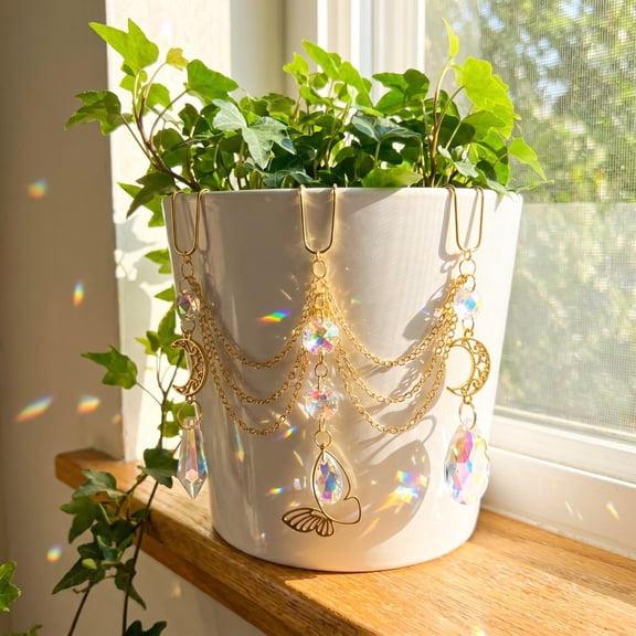 Crystal Suncatcher for Potted Plants – Rainbow Maker Prism Hanging Ornament with Gold Chain, Window Garden Plant Decor for Indoor Outdoor Use