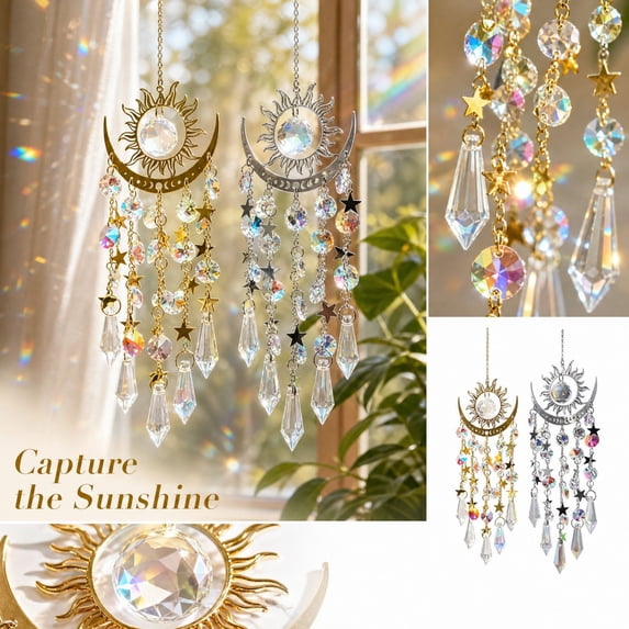 Crystal Suncatcher with Sun and Moon Design and Prism Pendants, 1 Piece, Gold Metal Frame, for Window Or Wall Hanging, Home Decoration