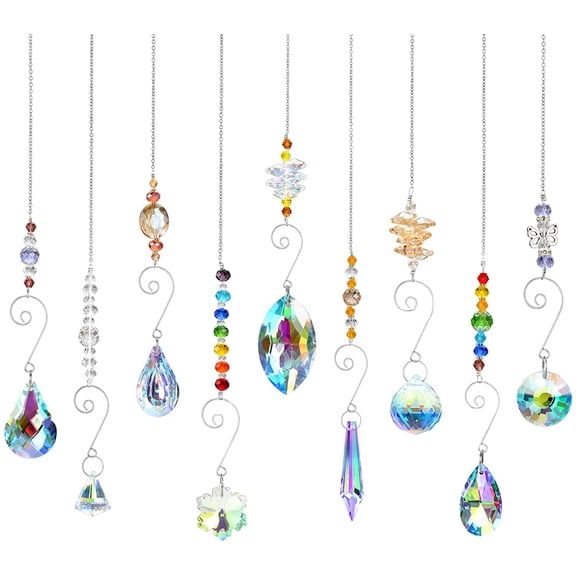 Crystal Suncatchers, Hanging Crystals Ornament Sun Catcher with Chain | Glass Beads Ball with Chain, Prisms Pendant Rainbow Maker for Window Home Office Garden Decoration, 9PCS