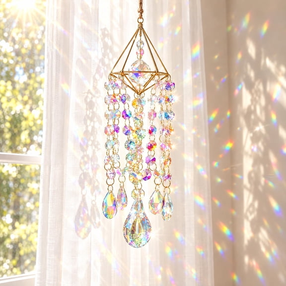 Crystal Suncatcher Window Hanging Rainbow Maker, Gold Plated Crystal Prism Ornament, Whimsical Decor for Indoor Garden Patio