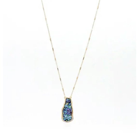 Crystal Surround Abalone Shell Irregular Pendant Long Necklace in Gold Tone