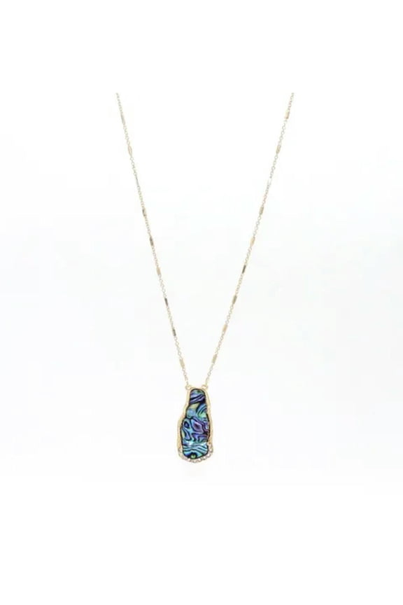 Crystal Surround Abalone Shell Irregular Pendant Long Necklace in Gold Tone