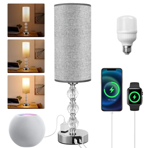 Crystal Table Lamp 17.9", 3-Way Dimmable with Touch Control, Bulb Included, USB Charging Port, AC Outlet Suitable for Living Room, Bedroom, Study - Lighting