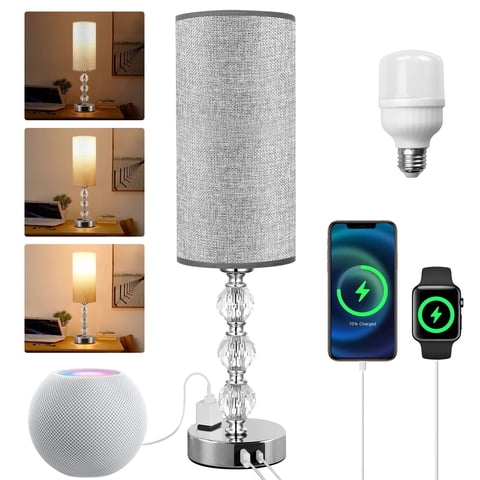 Crystal Table Lamp 17.9", 3-Way Dimmable with Touch Control, Bulb Included, USB Charging Port, AC Outlet Suitable for Living Room, Bedroom, Study - Lighting