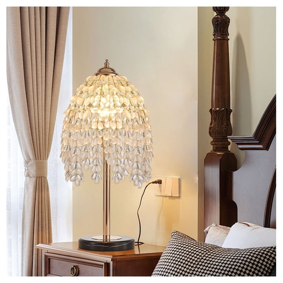 Crystal Table Lamp 19" - Vintage Waterfall Design with Teardrop Crystal Beads & Marble Base - Bedroom, Living Room, Office Decor - E12 Bulb Required