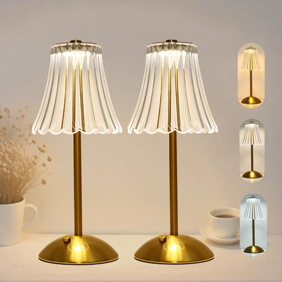 Crystal Table Lamp, 5000mAh Rechargeable Lamp with Touch Control, 3 Color Temperatures, Dimmable Brightness, Matte Aluminum Light for Bedroom/Bar/Kitchen/Outdoor (Retro Golden, Large-2Pc)