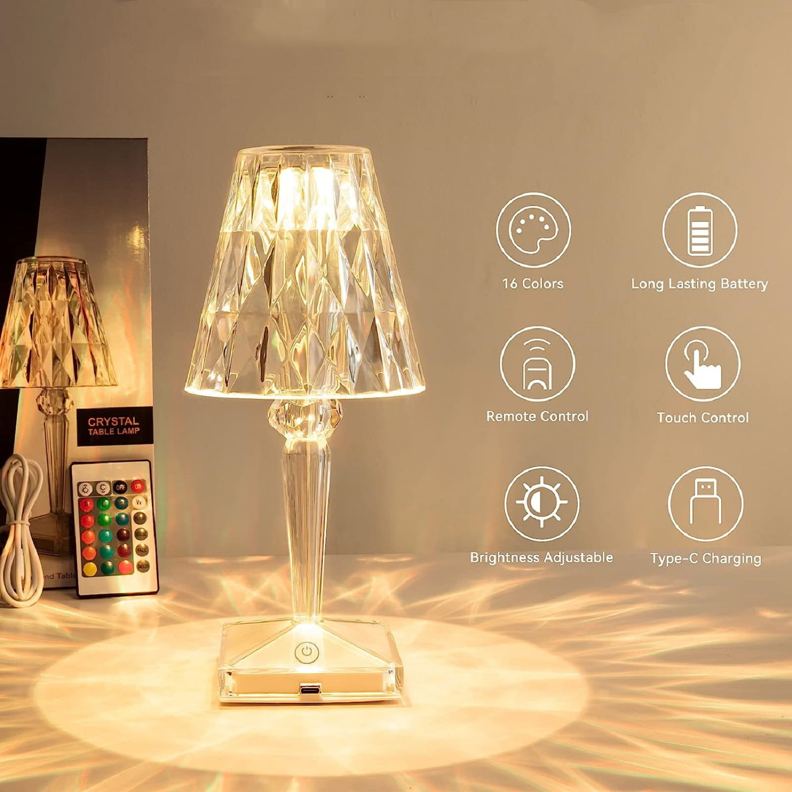 Net zo Versnipperd Ontembare Crystal Table Lamp,Bedside Lamp Touch Lamp,16 Rgb Color Mode Usb-C Charging  Warm White with Dimmable - Walmart.com