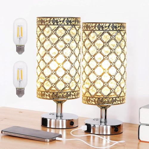 Crystal Touch Desk Lamp – 3000K Warm White, USB C+A Charging, 4000mAh Battery, Adjustable Brightness