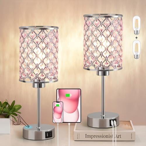Crystal Table Lamp, Pink Touch Lamp with USB C+A Ports, 3 Way Dimmable ...