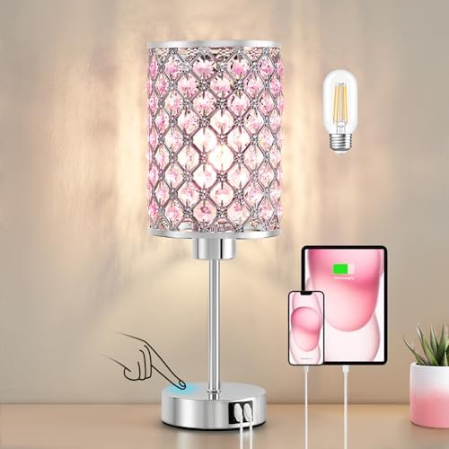 Crystal Table Lamp, Pink Touch Lamp with USB C+A Ports, 3 Way Dimmable ...