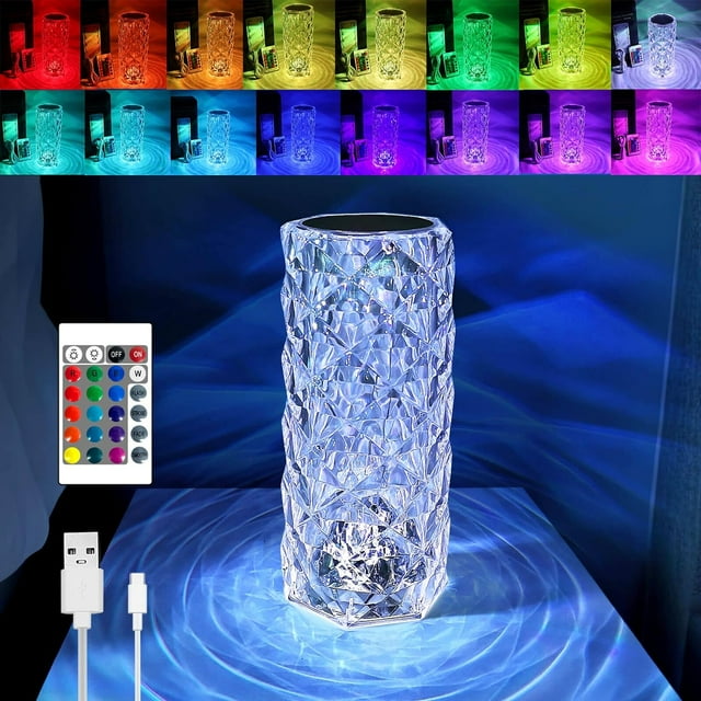 Crystal Table Lamp RGB 16 Color Changing Night Light, Romantic USB