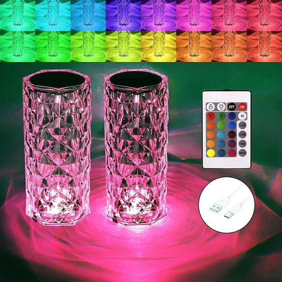 Crystal Table Lamp RGB Color Changing Night Lights (2 Pack) Crystal Rose Diamond Touch Lamp for Bedroom Living Room Decor (Remote & Touch Control)