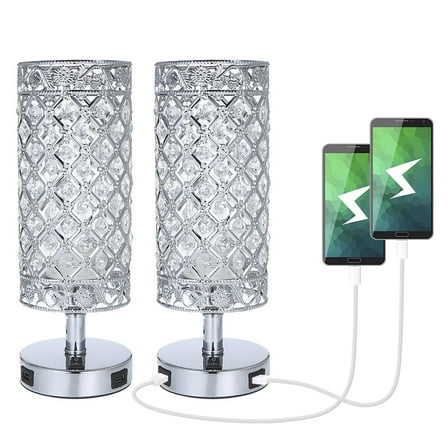 Neoglint Crystal Table Lamp Set of 2, Modern Bedside Light with 2 USB Ports, Silver Nightstand Lighting for Bedroom Living Room
