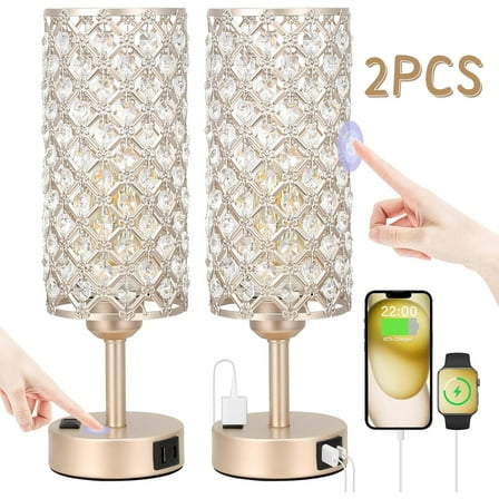 2Pack Golden Crystal Table Lamp, Silver Nightstand Lamp with 2 Dual USB Ports, Modern Decorative Bedside Desk Light for Living Room Bedroom Dining Room Kitchen Table Lamp