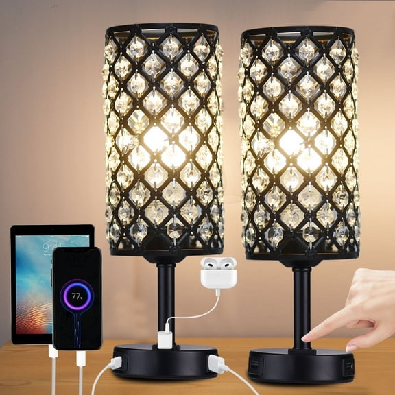 Crystal Table Lamp Touch Control Set of 2, 3-Way Black Crystal Lamps with USB C+A Ports & AC Outlet, Dimmable Nightstand Desk Lamps,Modern Bedside Table Lamp for Bedroom(Bulbs Included)