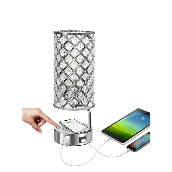 Crystal Table Lamp Wireless Charging Sliver Desk Lamp with Dual USB Charging Ports, 3 Way Dimmable Light Modern Nightstand Lamps for Bedroom Living Room (Bulb Included) (Sliver)