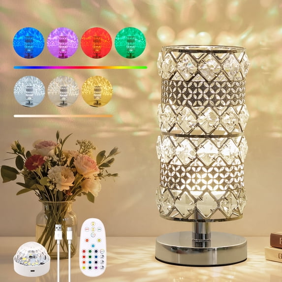 Crystal Table Lamp with Rechargeable RGB Bulb, 15 Color Modes, Remote Control Ambient Light for Bedroom, Living Room, Bar and Nightstand