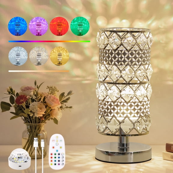 Crystal Table Lamp with Rechargeable RGB Bulb, 15 Color Modes, Remote Control Ambient Light for Bedroom, Living Room, Bar and Nightstand