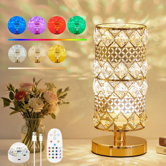 Crystal Table Lamp with Rechargeable RGB Bulb, 15 Color Modes, Remote Control Ambient Light for Bedroom, Living Room, Bar and Nightstand
