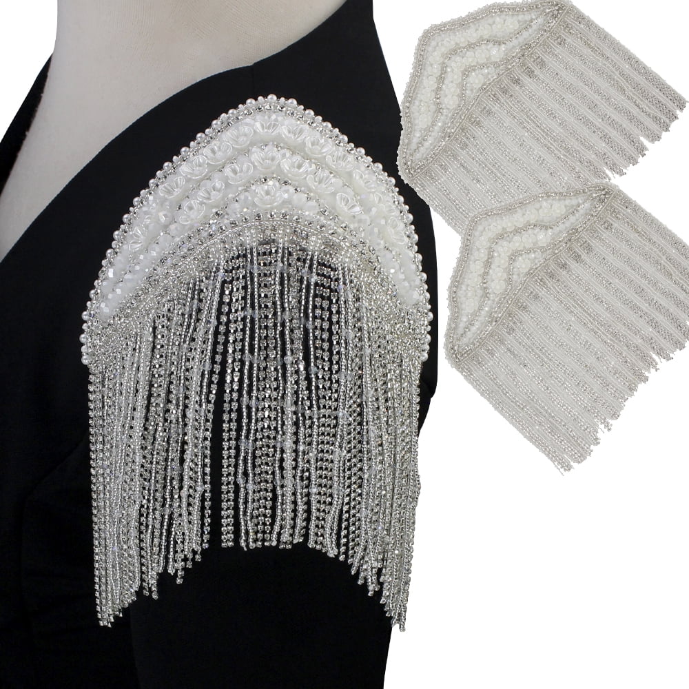 Crystal Tassel Fringe Epaulettes Shoulder Patches Flower Tassel Rhinestone Brooches Pin for Women Suit 2pieces