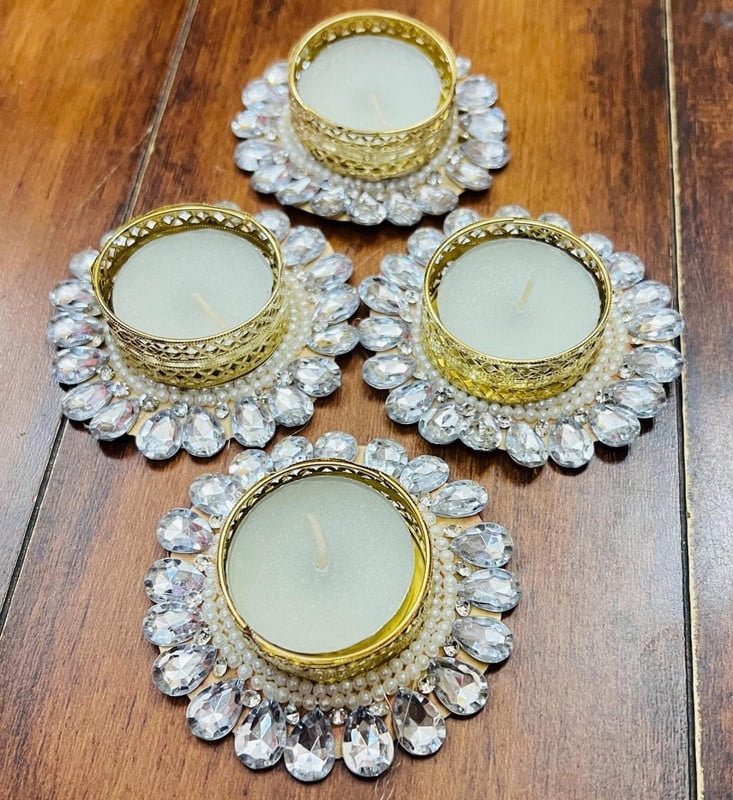 Crystal Tealight Candle Holder Set with Gold Finish, Decorative Candle ...