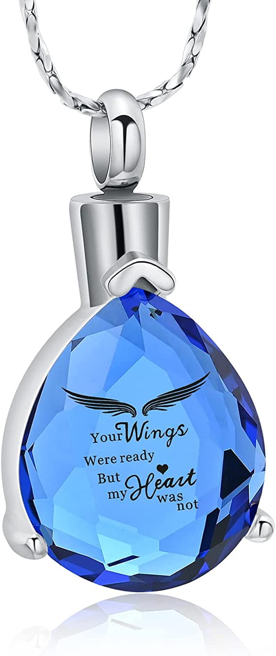 Crystal Teardrop Urn Necklace for Ashes Angel Wings Cremation Jewelry