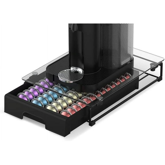 Nespresso Vertuo Capsule Storage Drawer with Tempered Glass, Fits 40 Big or 52 Small Vertuoline Pods, Universal Slots for Compact Space, Black