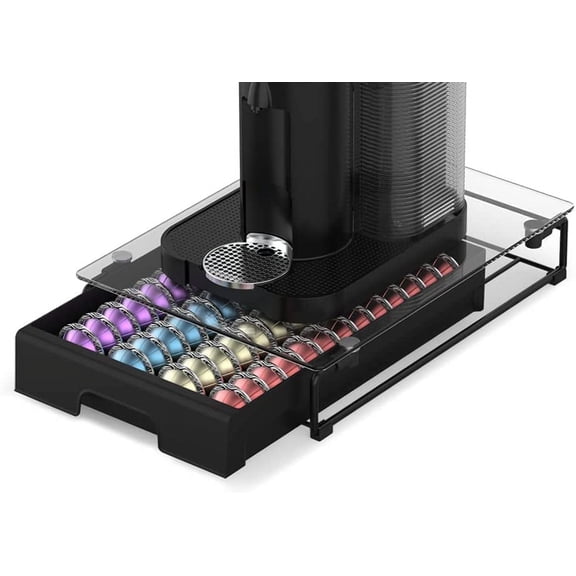 Crystal Tempered Glass Organizer Drawer Holder Compatible with Nespresso Vertuo Capsules, Compatible with 40 Big or 52 Small Vertuoline Pods, 12'' Wide by 15.6'' Deep by 3.5'' High