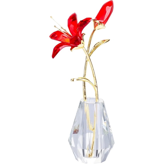 Crystal Tiger Lily Flower with Vase Metal Stem Red Lily Flower Collectible Gifts for Mom, Glass Lilium Floral Artificial Figurines for Home Wedding Party Decor