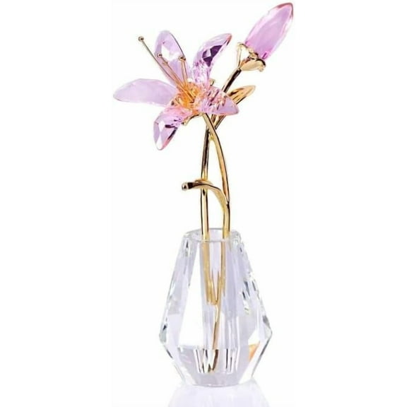 Crystal Tiger Lily Flowers with Crystal Vase Metal Stem Pink Lily Flower Collectible Gifts for Women, Glass Lilium Flower Artificial Floral Figurines for Home Wedding Party Decor