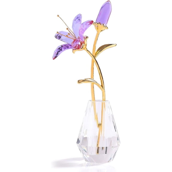 Crystal Tiger Lily Flowers with Crystal Vases Metal Stem Purple Lily Flowers Collectible Gifts for Women, Glass Lilium Flower Artificial Floral Figurines for Home Wedding Party Decor